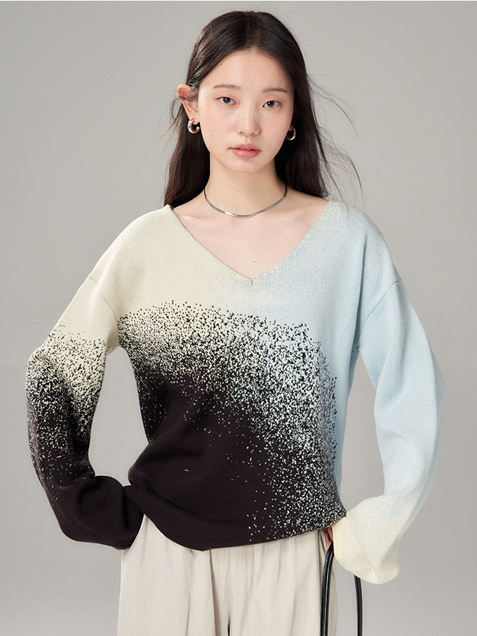 설치 스프레이 그라데이션 v- 넥 시키 딕 니트 및 장거리 스커트