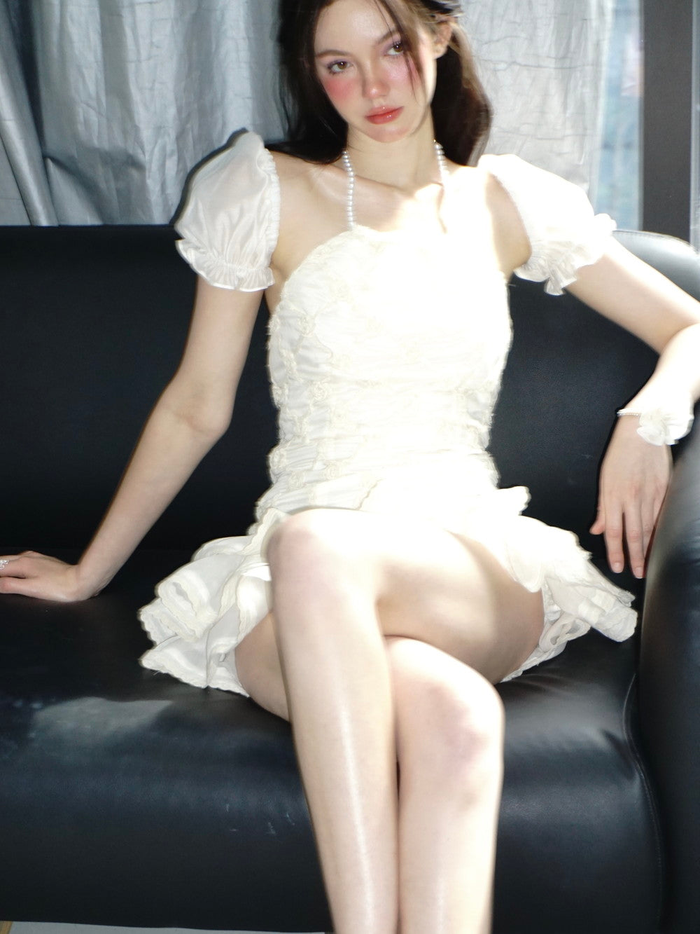 Puff-Sleeve Ciffon Tiered Halter-Neck Sweet One-Piece & Bracelet
