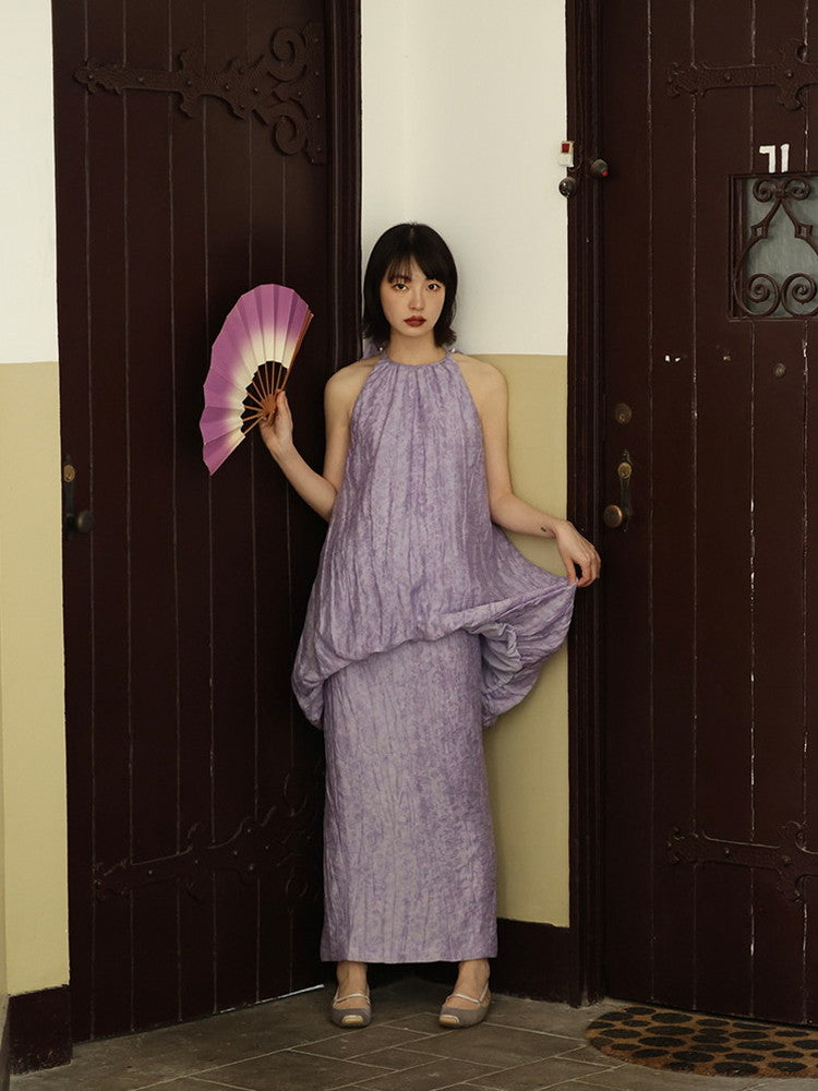 Wrinkled Loose Retro Balloon Embroidery Flower Chic Tops&Skirt