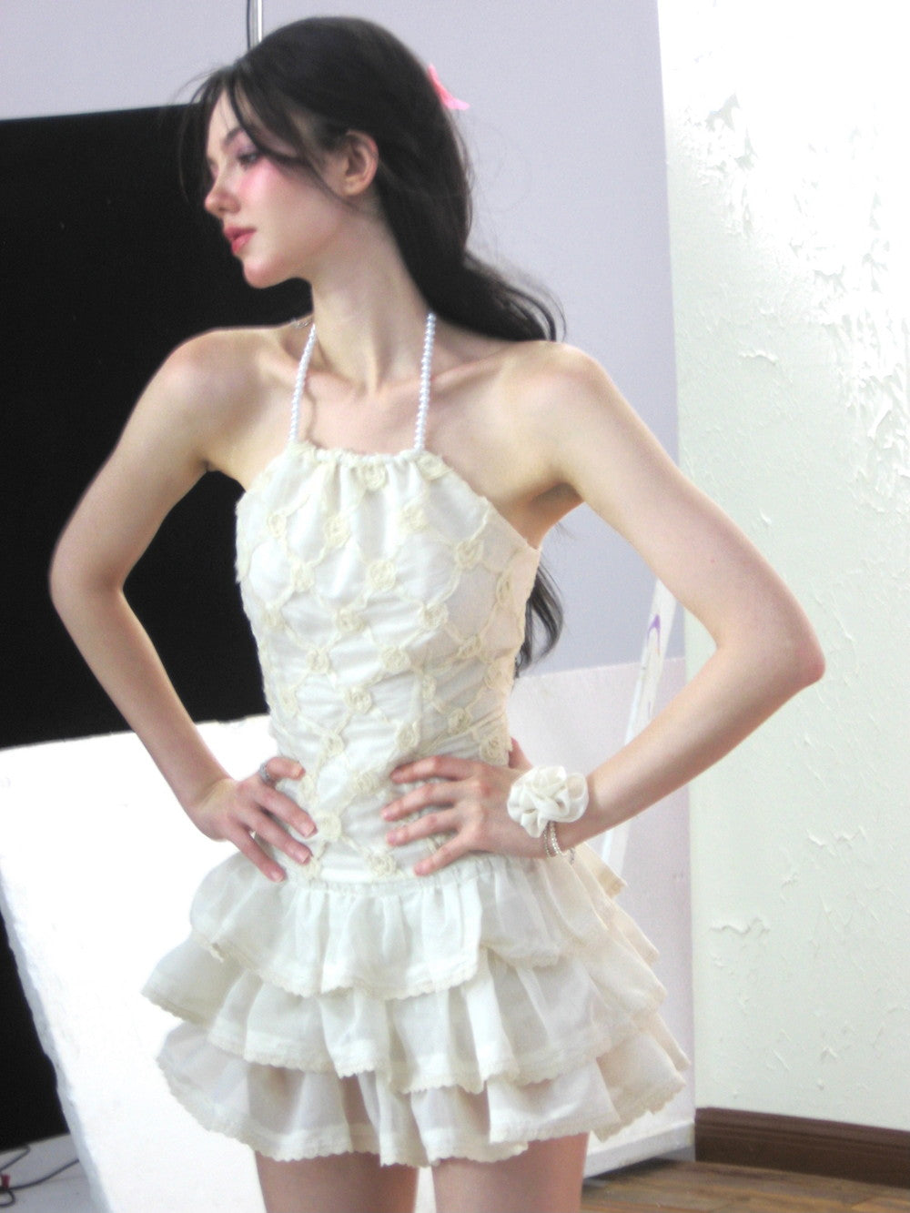 Puff-Sleeve Ciffon Tiered Halter-Neck Sweet One-Piece & Bracelet