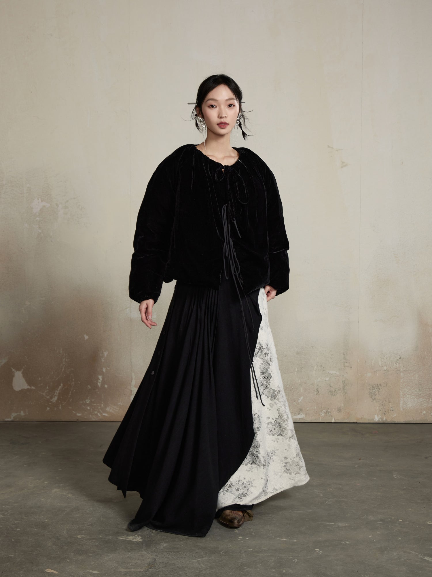 Velvet Classy Flower No-Collar Tie-Dye Retro Jacket&Muffler