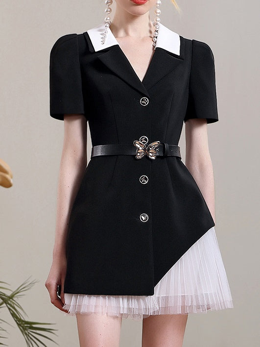 Pleats Tulle Mix V-Neck One-Piece