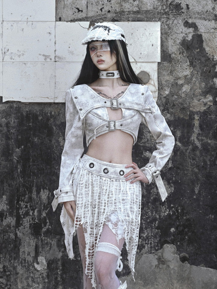 고딕 빈티지 비대칭 니치 손상 메쉬 헴 스커트