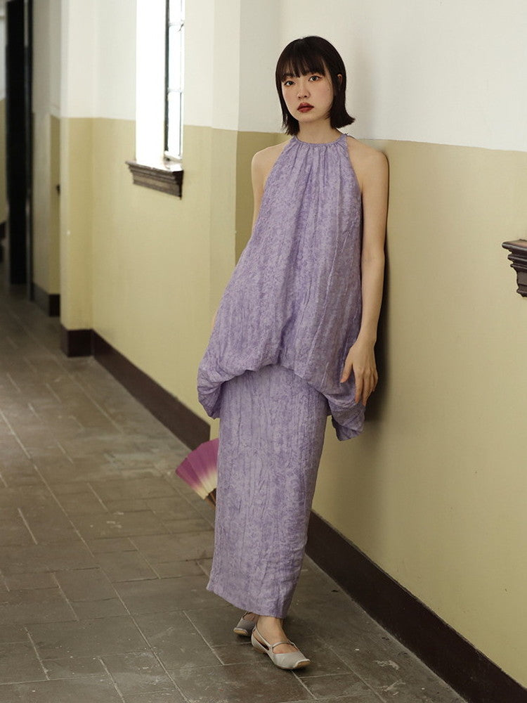 Wrinkled Loose Retro Balloon Embroidery Flower Chic Tops&Skirt