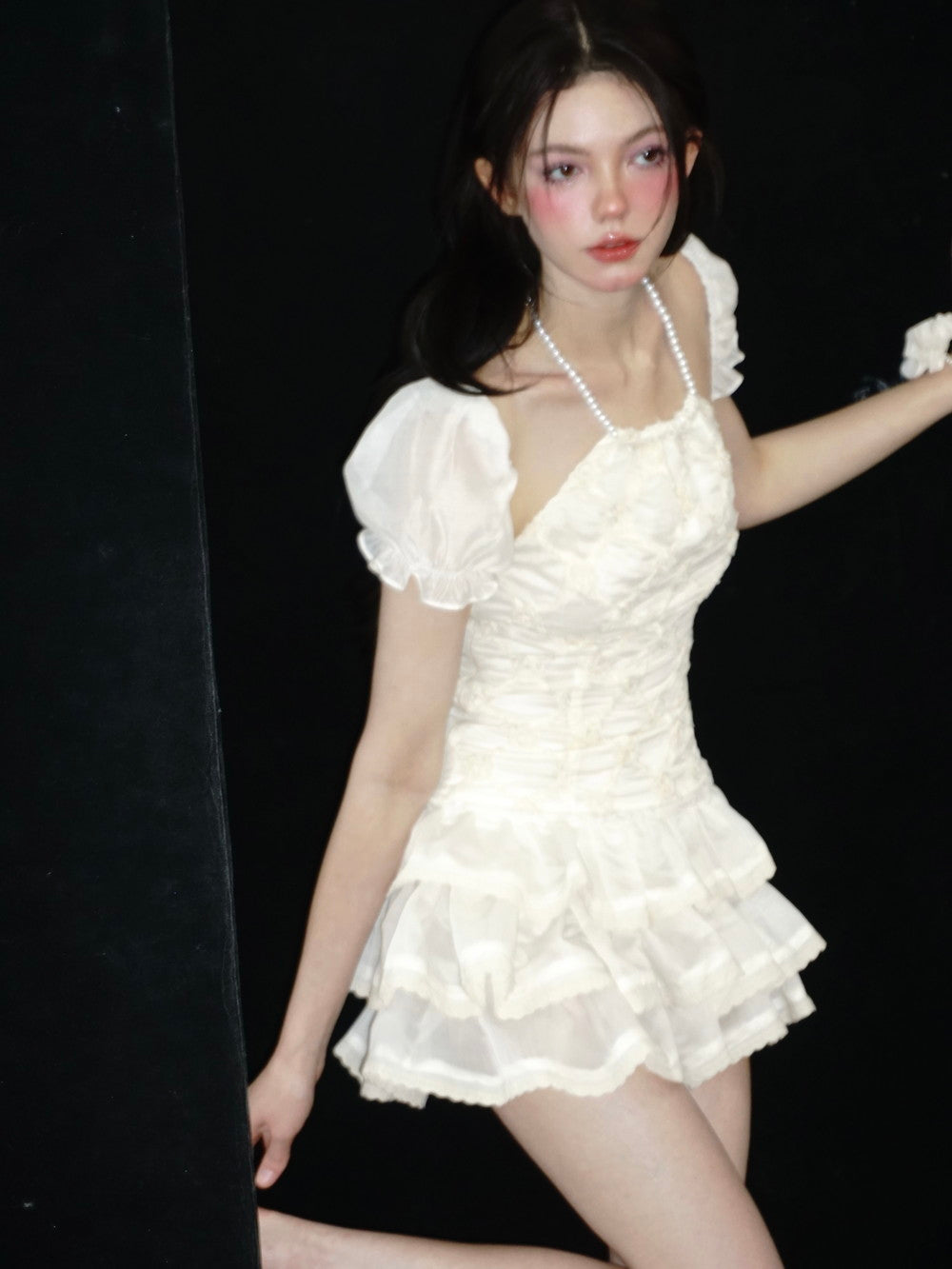 Puff-Sleeve Ciffon Tiered Halter-Neck Sweet One-Piece & Bracelet