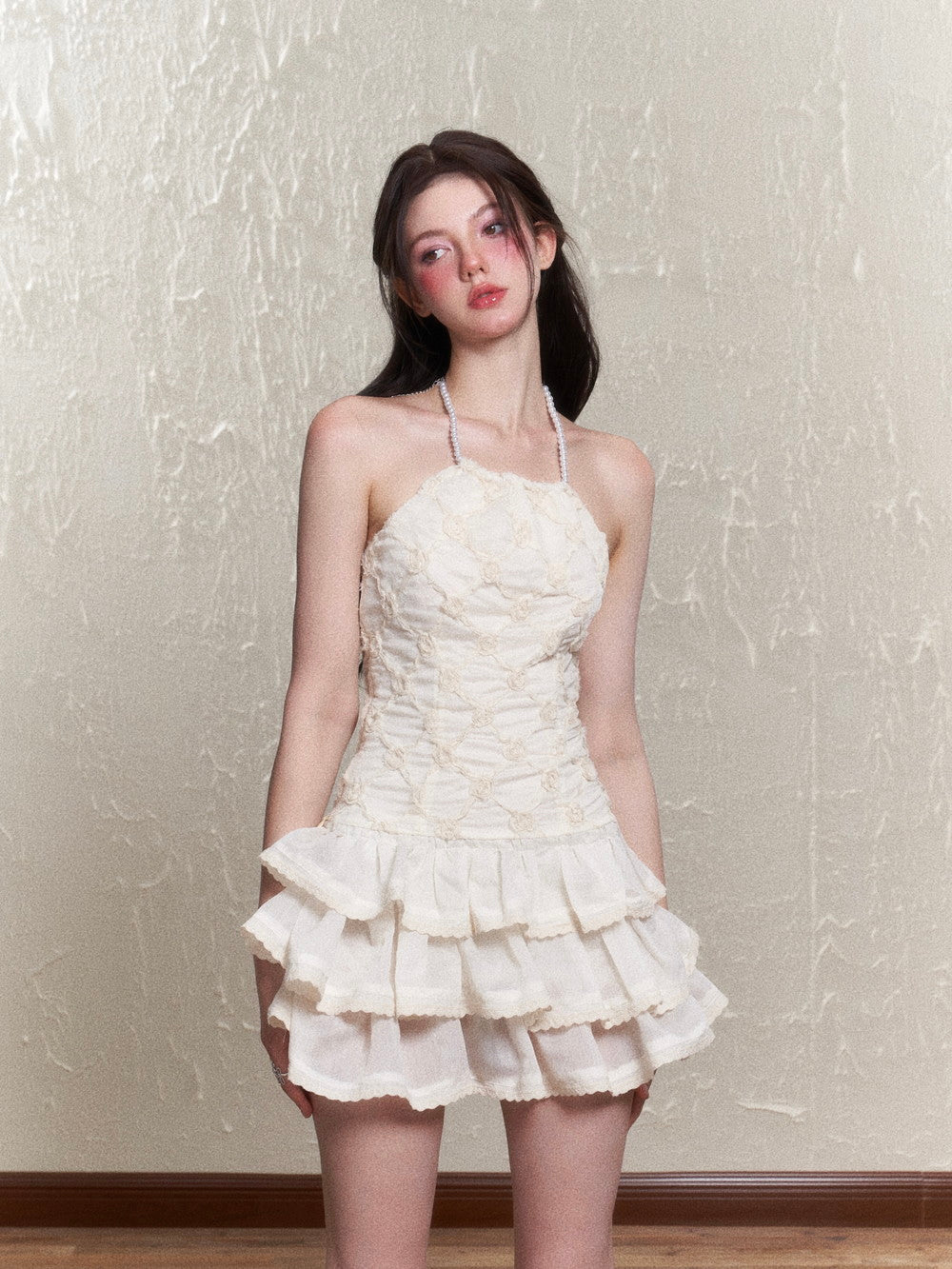 Puff-Sleeve Ciffon Tiered Halter-Neck Sweet One-Piece & Bracelet