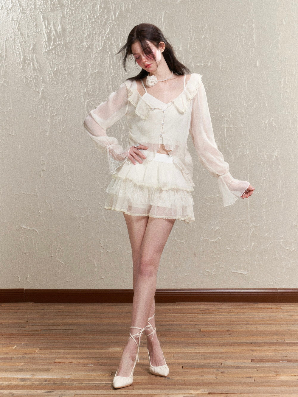 Sheer Frill Lace Feminine Blouse&Mini-Skirt
