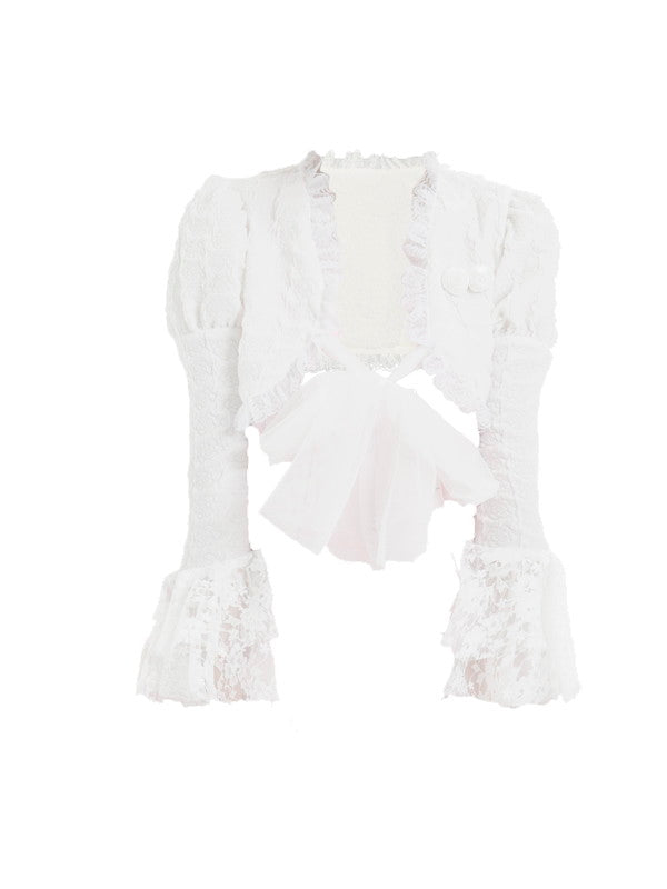 Lace Candy-Sleeve Feminine Frill Ribbon Cardigan Bolero
