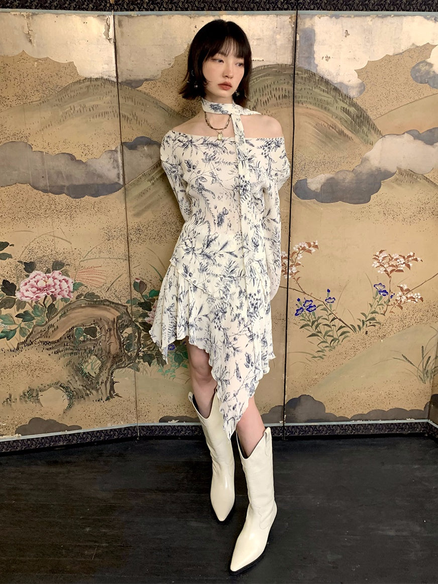 비대칭 플라워 오프숄더 레트로 블라우스 & 스커트