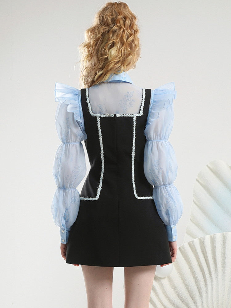 Sheer Chiffon Frill Flower Mamluk-Sleeve Nichi Blouse&One-Piece