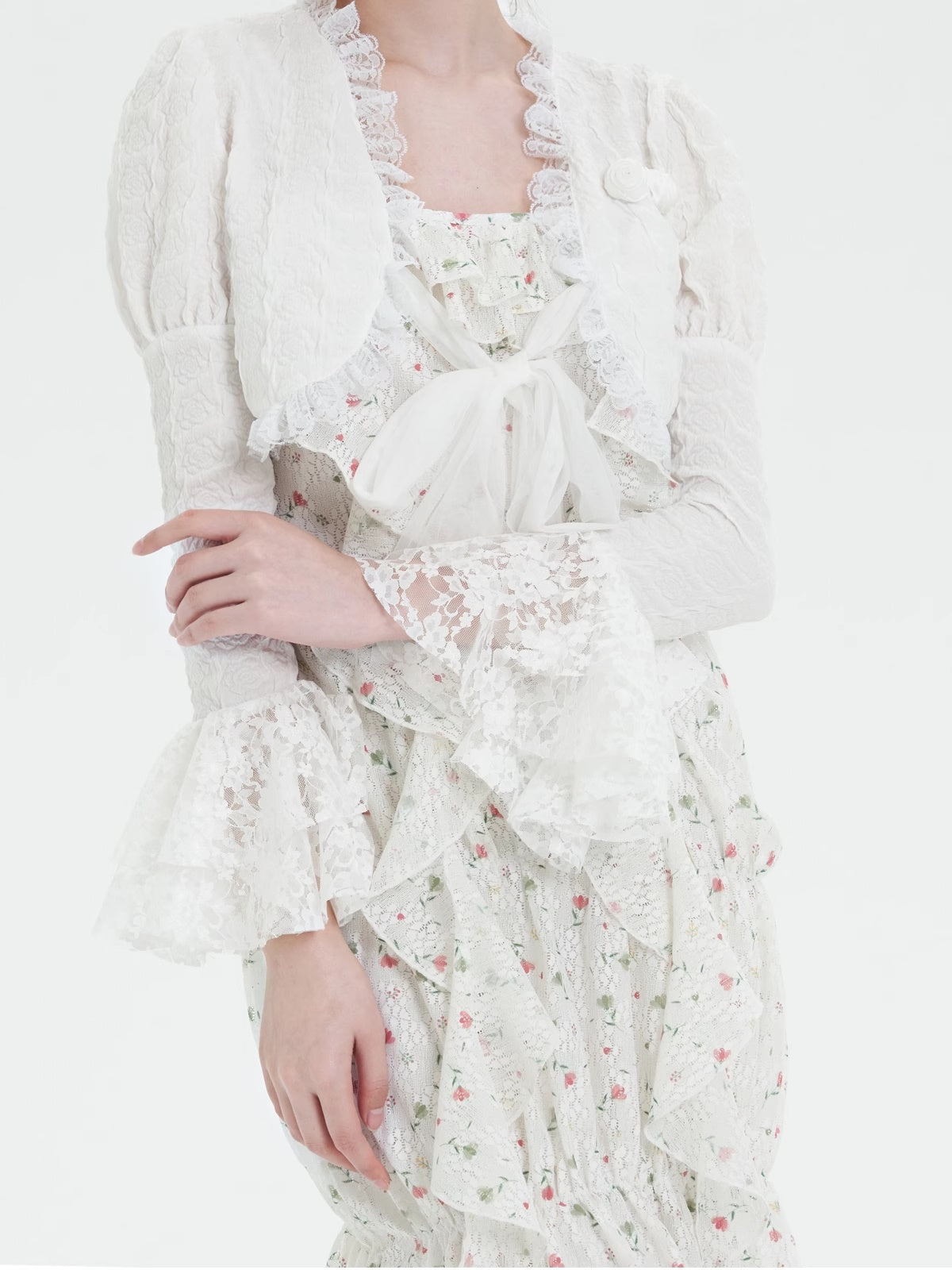 Lace Candy-Sleeve Feminine Frill Ribbon Cardigan Bolero
