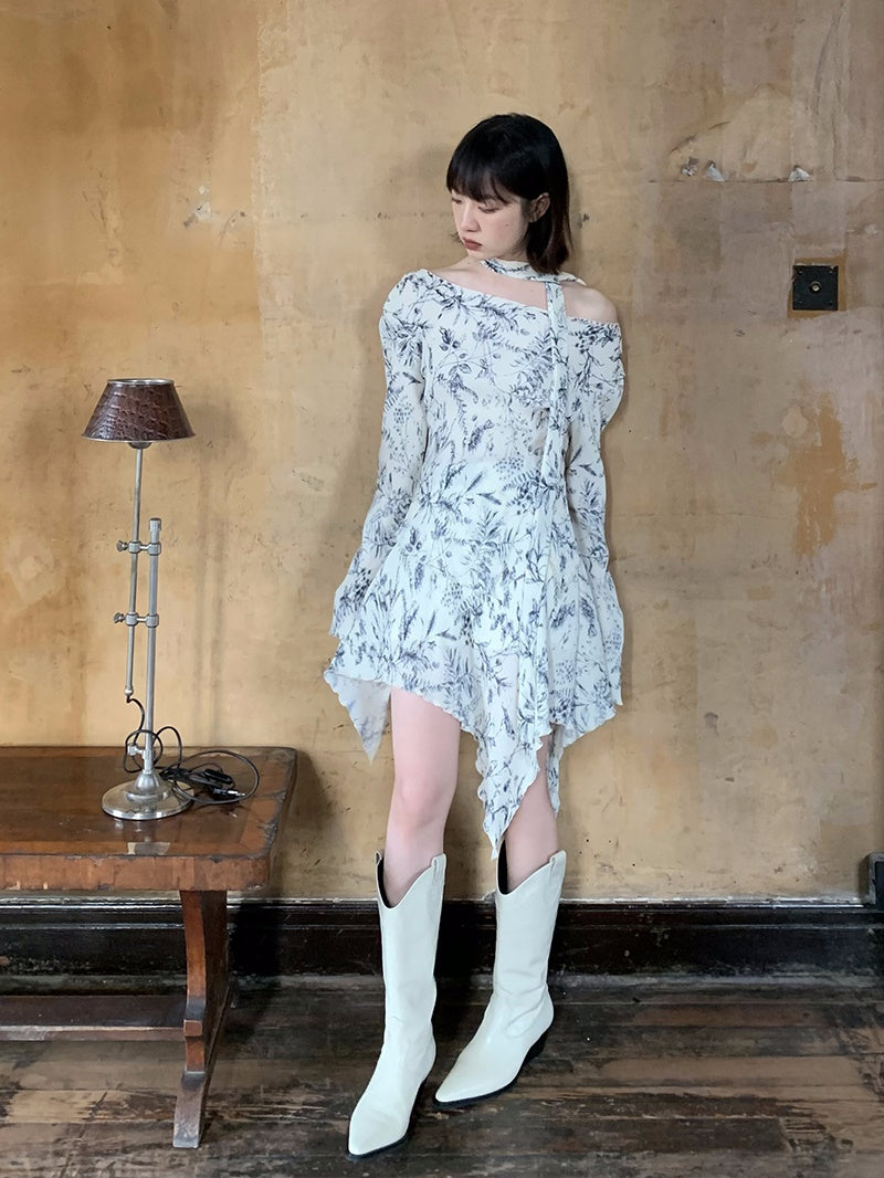 비대칭 플라워 오프숄더 레트로 블라우스 & 스커트