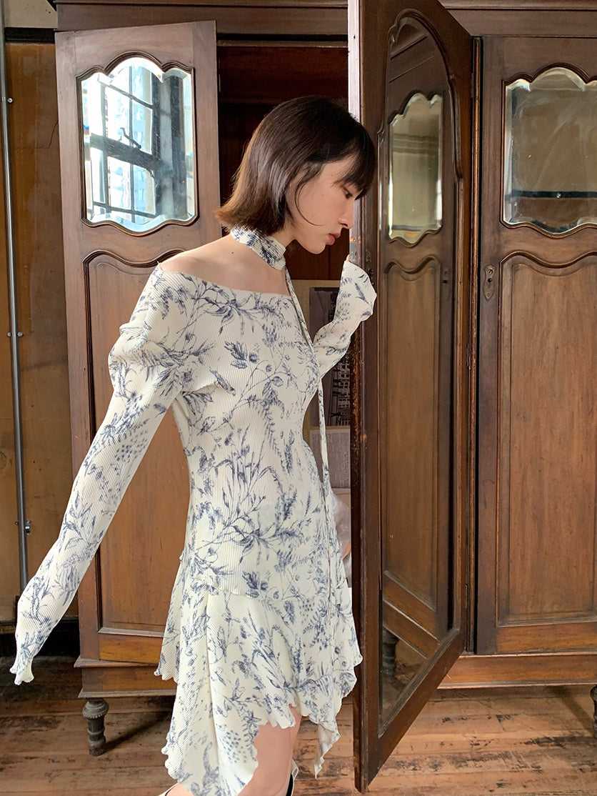 비대칭 플라워 오프숄더 레트로 블라우스 & 스커트