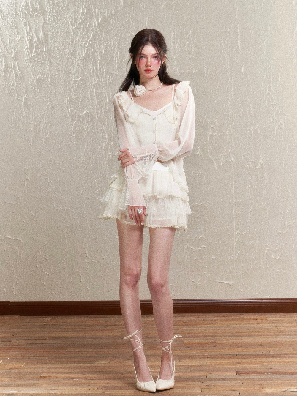 Sheer Frill Lace Feminine Blouse&Mini-Skirt