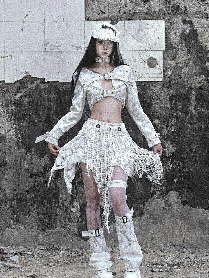 고딕 빈티지 비대칭 니치 손상 메쉬 헴 스커트