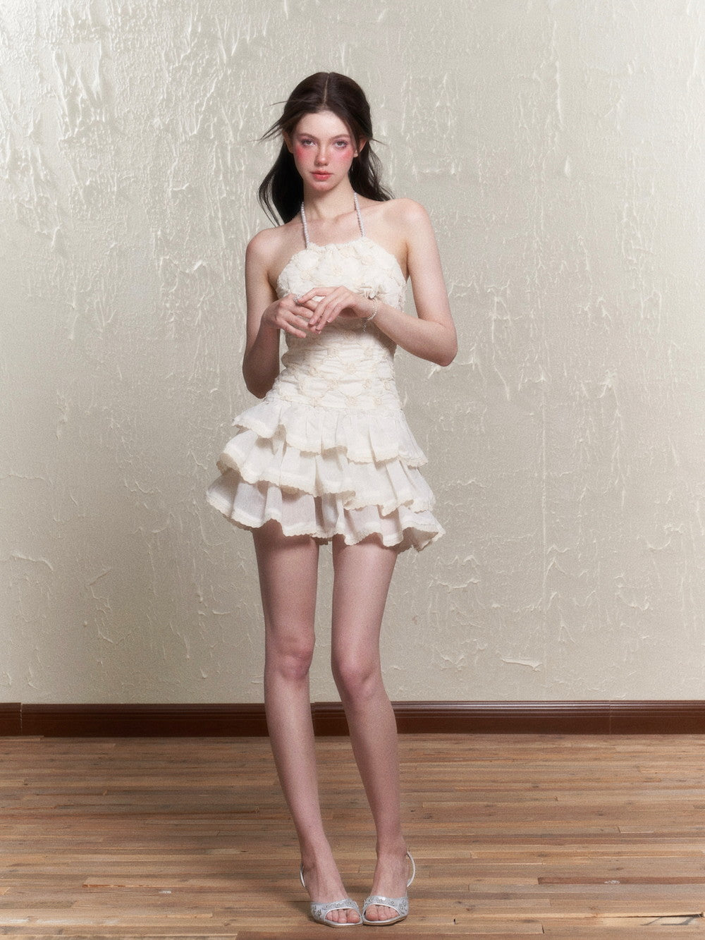 Puff-Sleeve Ciffon Tiered Halter-Neck Sweet One-Piece & Bracelet