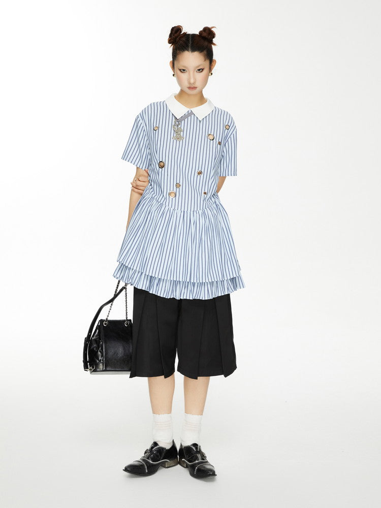 Stripe Tiered Frill Girly Flare Long-Tops Dress