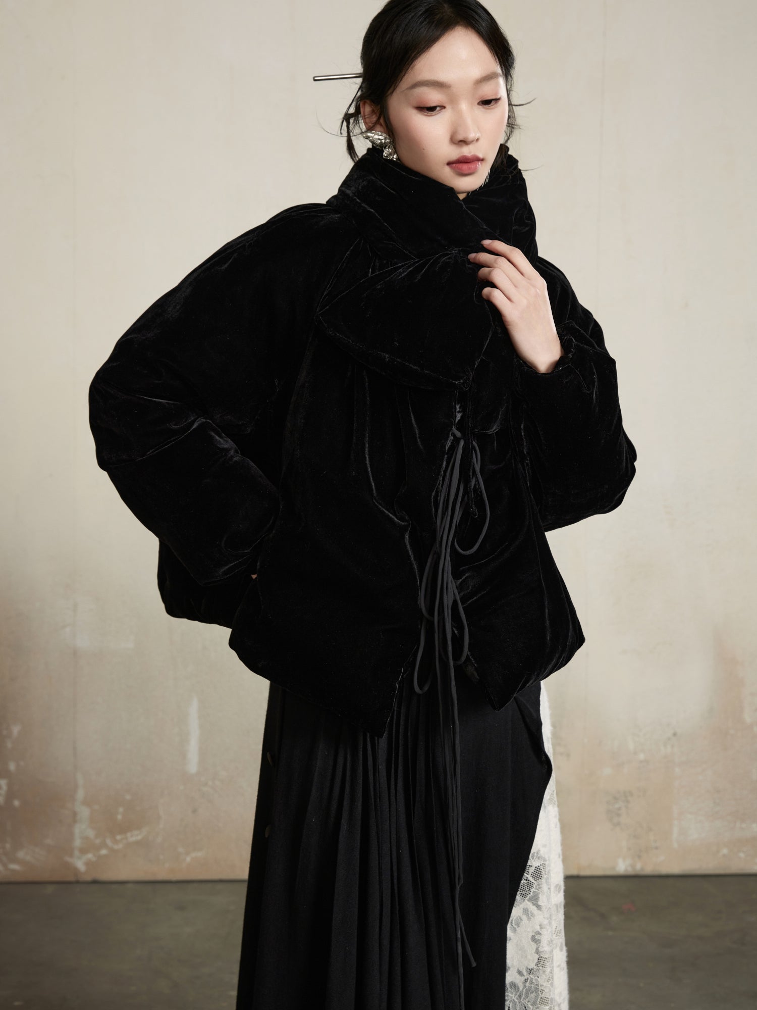 Velvet Classy Flower No-Collar Tie-Dye Retro Jacket&Muffler