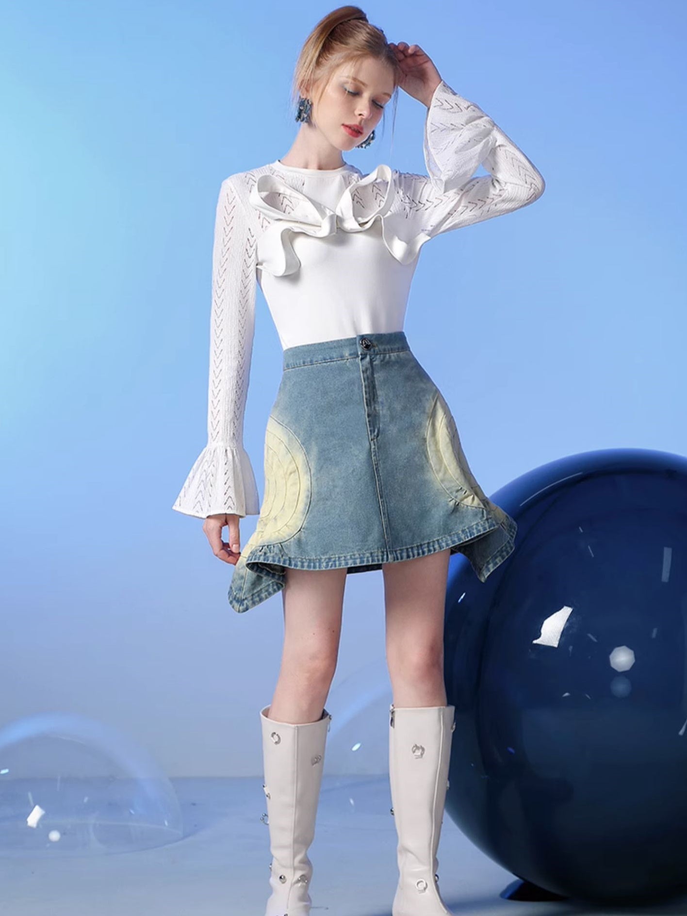 Denimasymmetrie Nichi Mermaid verblasste Minirocke