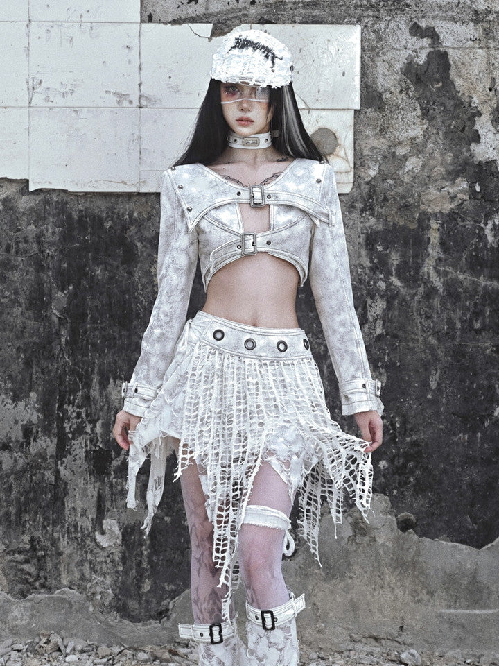고딕 빈티지 비대칭 니치 손상 메쉬 헴 스커트