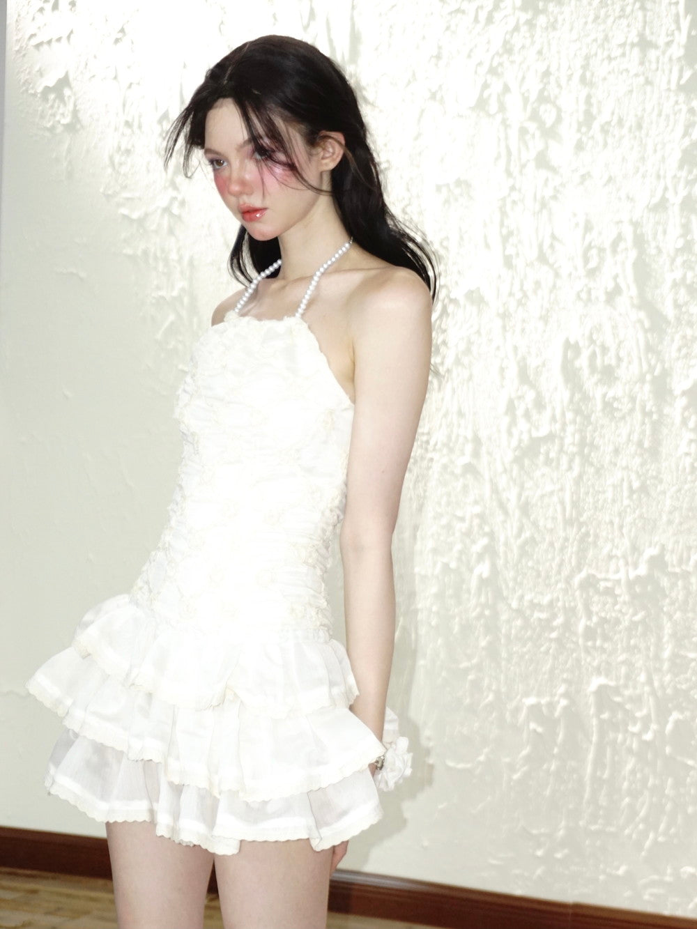 Puff-Sleeve Ciffon Tiered Halter-Neck Sweet One-Piece & Bracelet