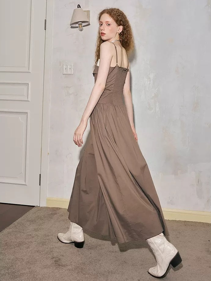 Chest Fold Contrast Color Stitching Suspender Long One-piece