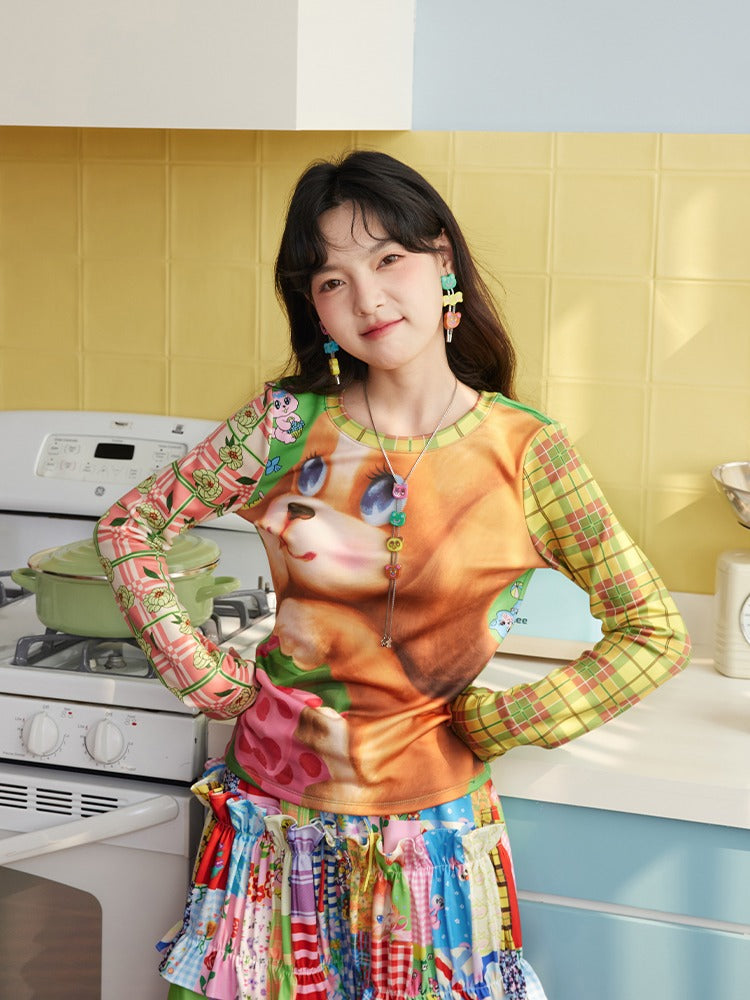 Puppy Print Plus Velvet Long-sleeved T-shirt