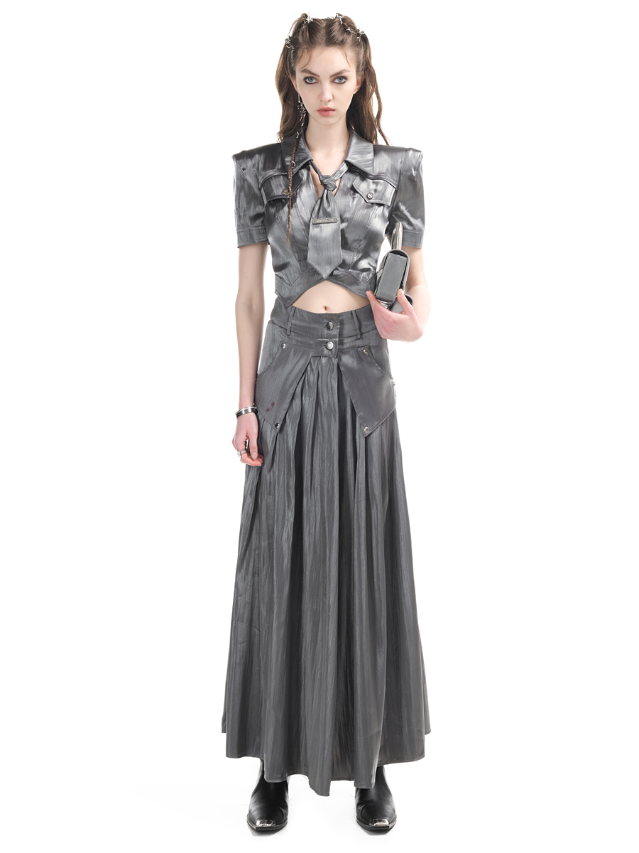 광택있는 주름진 플레어 긴 스커트