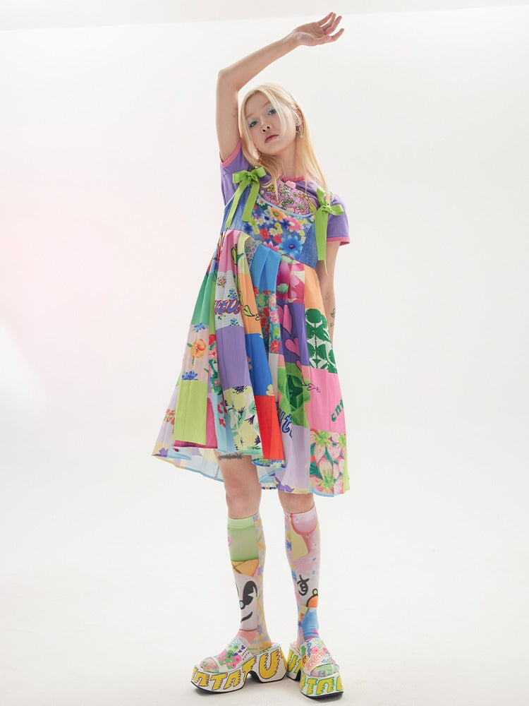 Stitching Denim Print Strap Sling One-piece