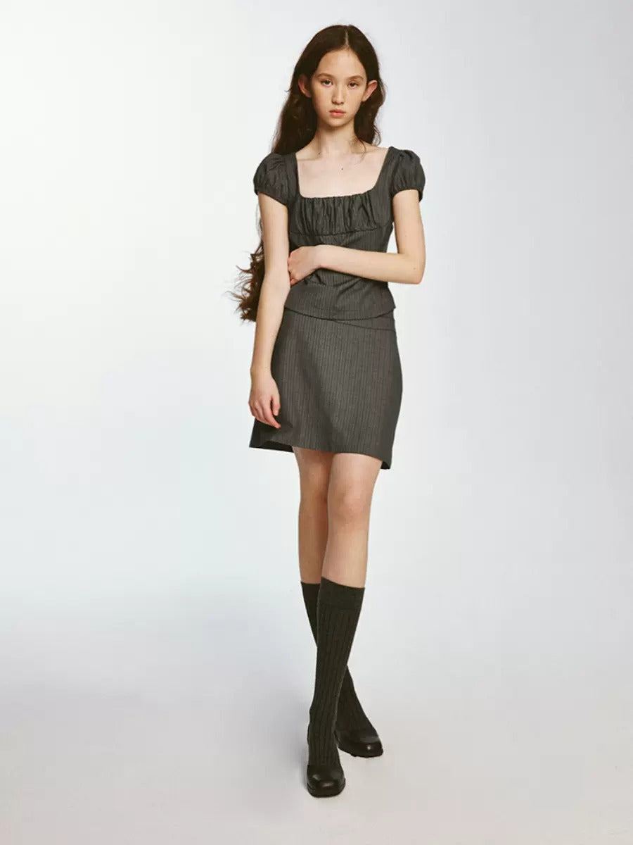Striped Square-Neck Puff Sleeve Top & A-Line Mini Skirt