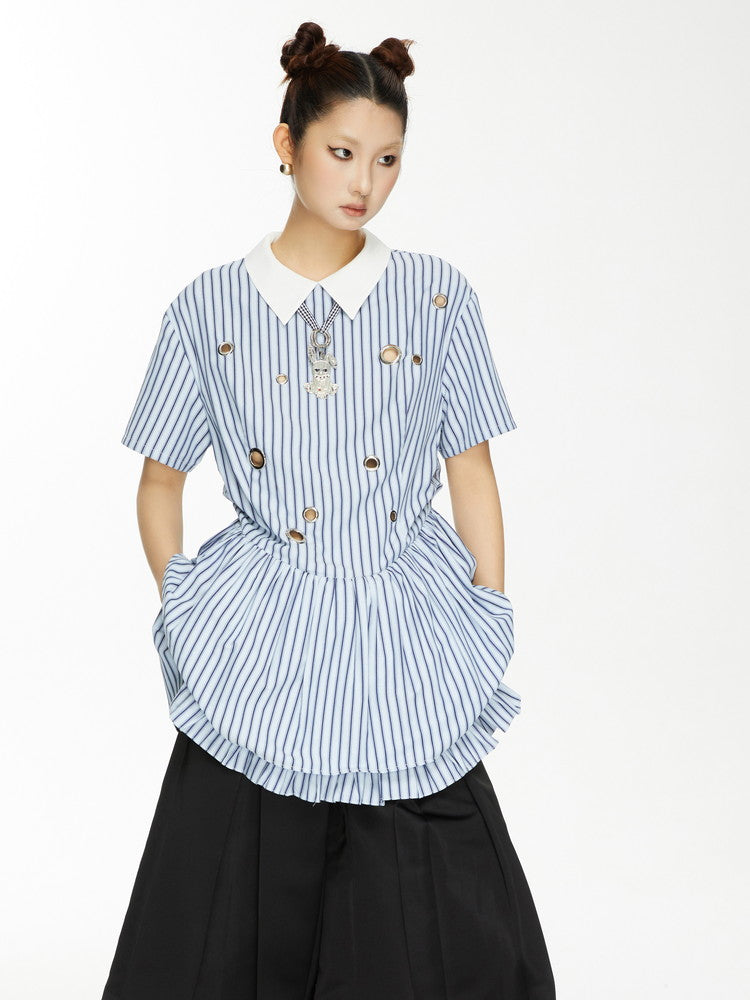 Stripe Tiered Frill Girly Flare Long-Tops Dress