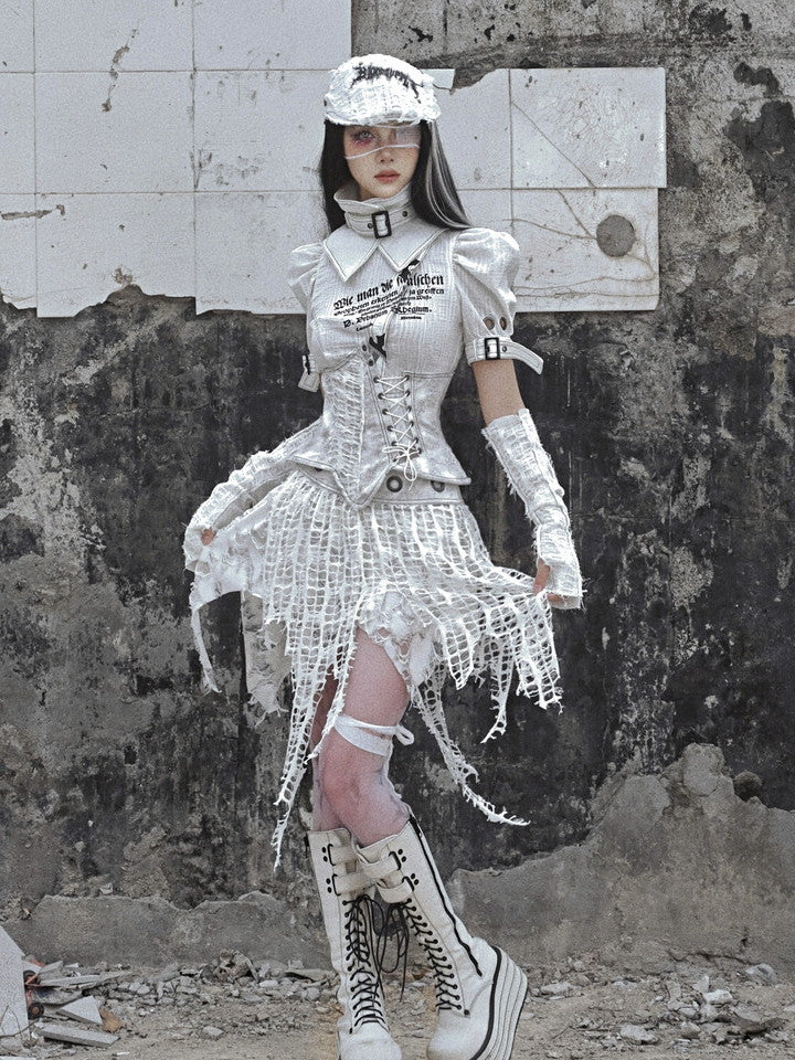 고딕 빈티지 비대칭 니치 손상 메쉬 헴 스커트