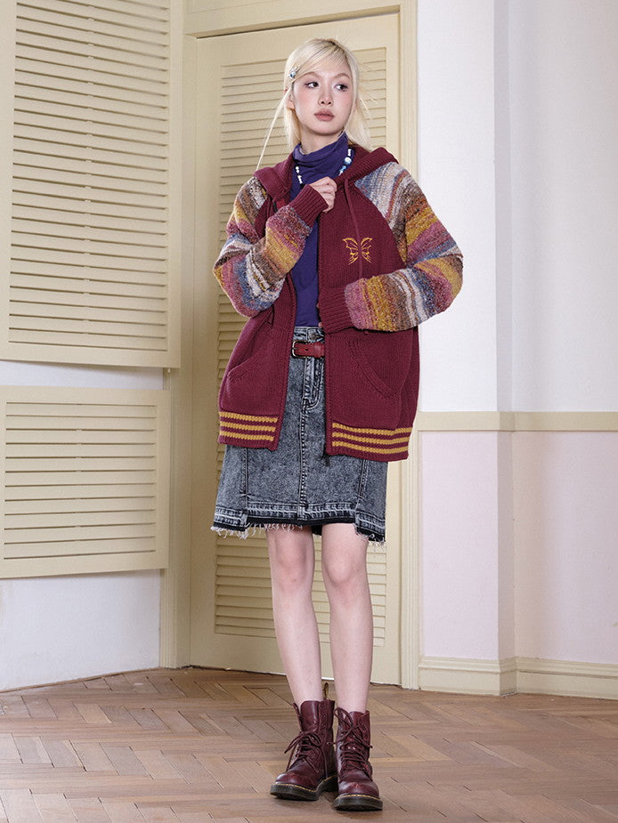 국경 레트로 까마귀 캐주얼 컬러 니트 파르카