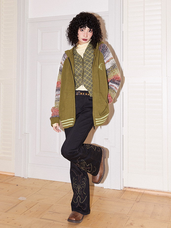 국경 레트로 까마귀 캐주얼 컬러 니트 파르카