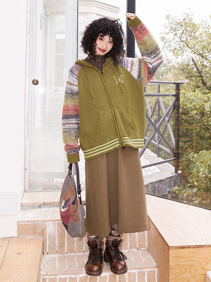 국경 레트로 까마귀 캐주얼 컬러 니트 파르카