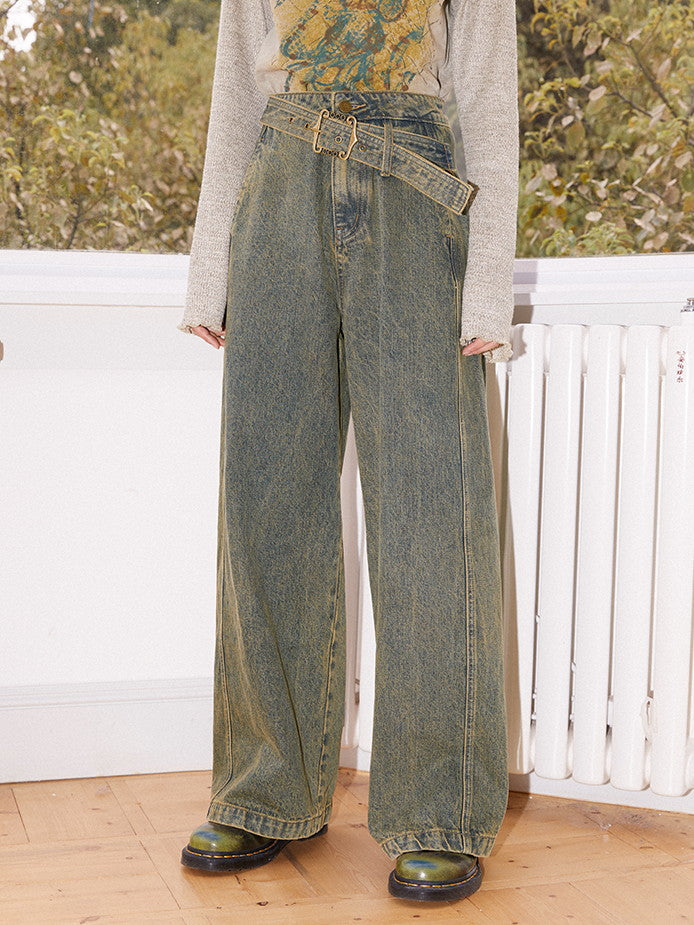 Denim High-Waist Belt Straight Casual Wide-Pants