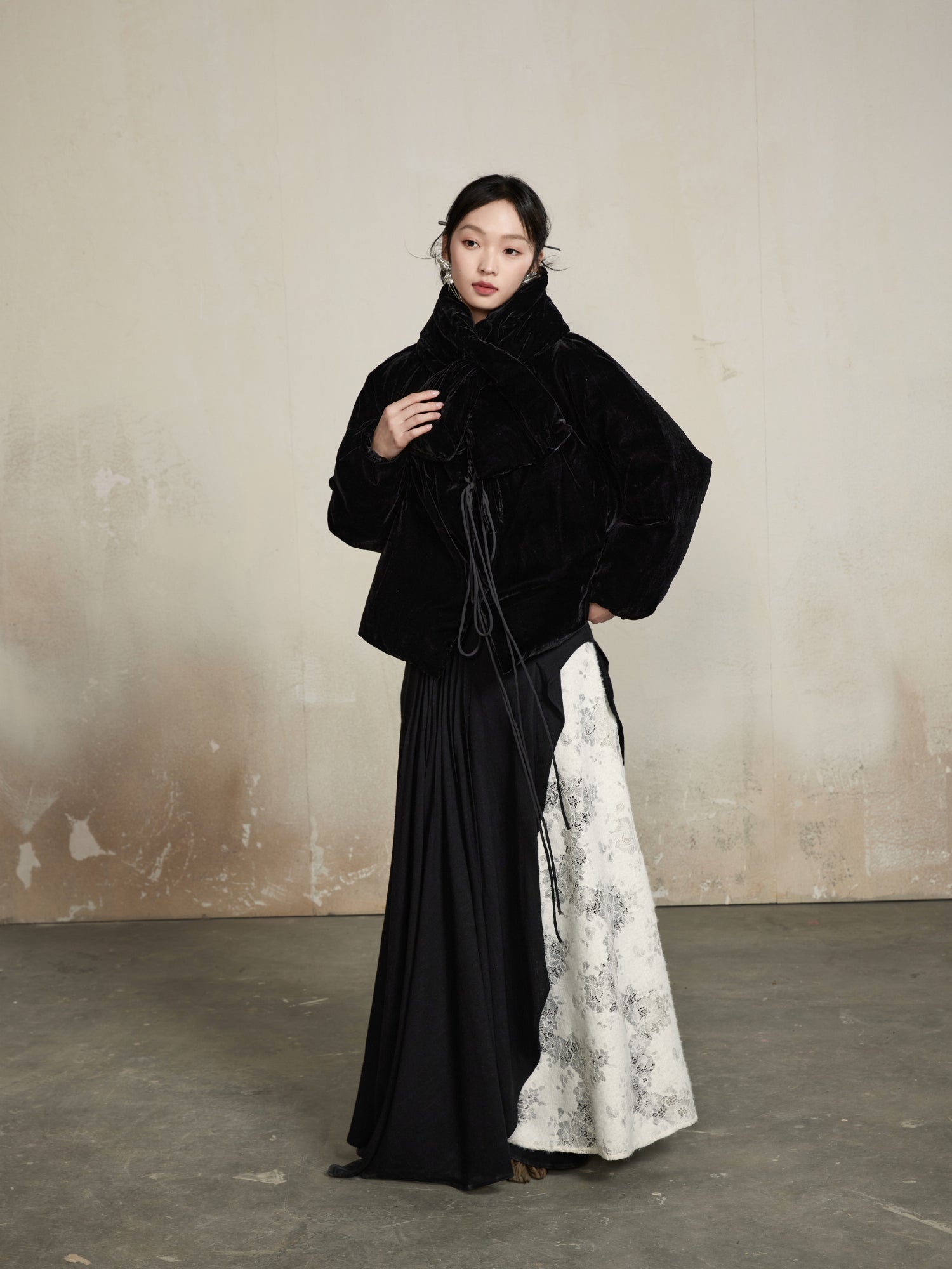 Velvet Classy Flower No-Collar Tie-Dye Retro Jacket&Muffler