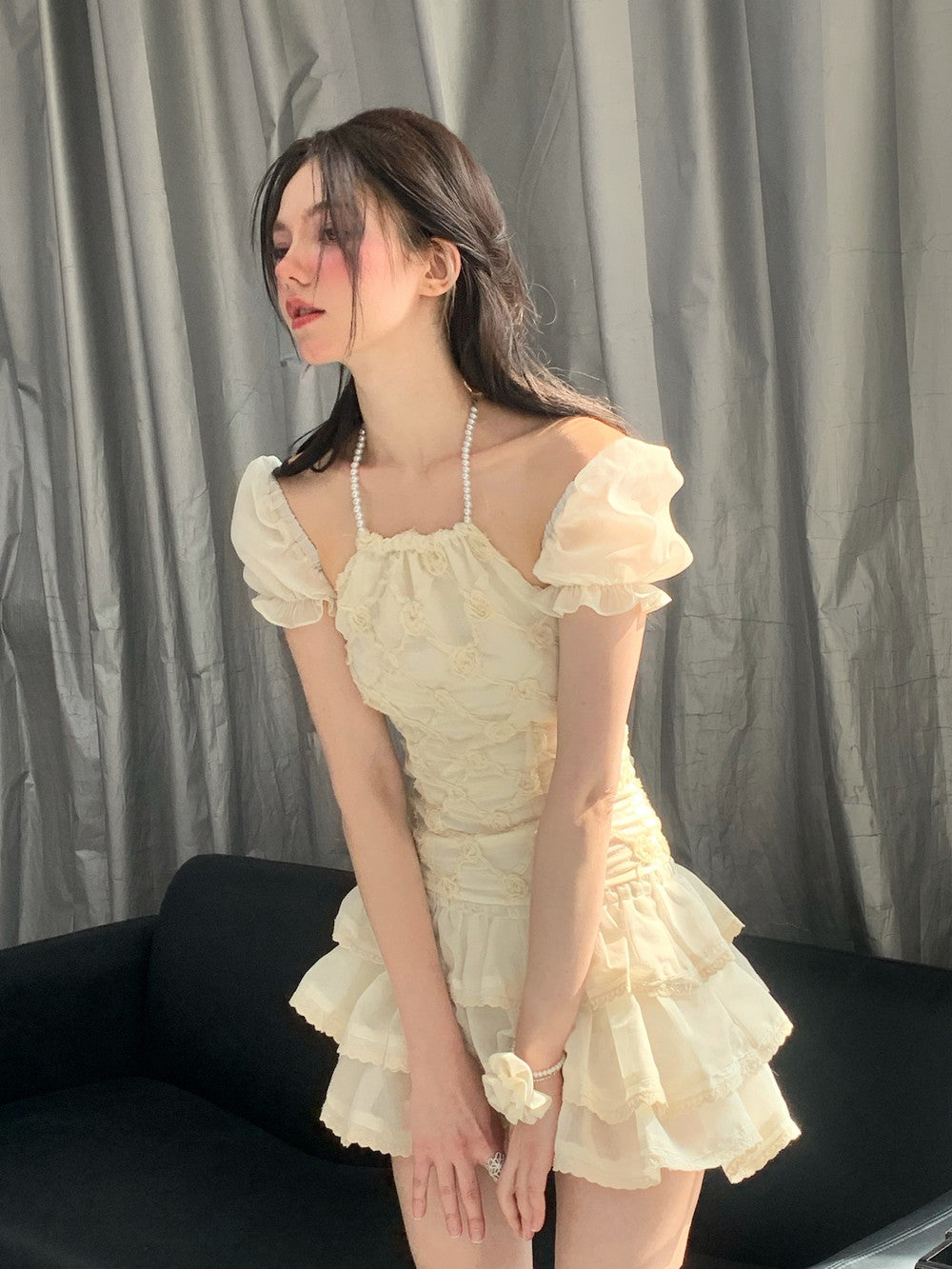 Puff-Sleeve Ciffon Tiered Halter-Neck Sweet One-Piece & Bracelet