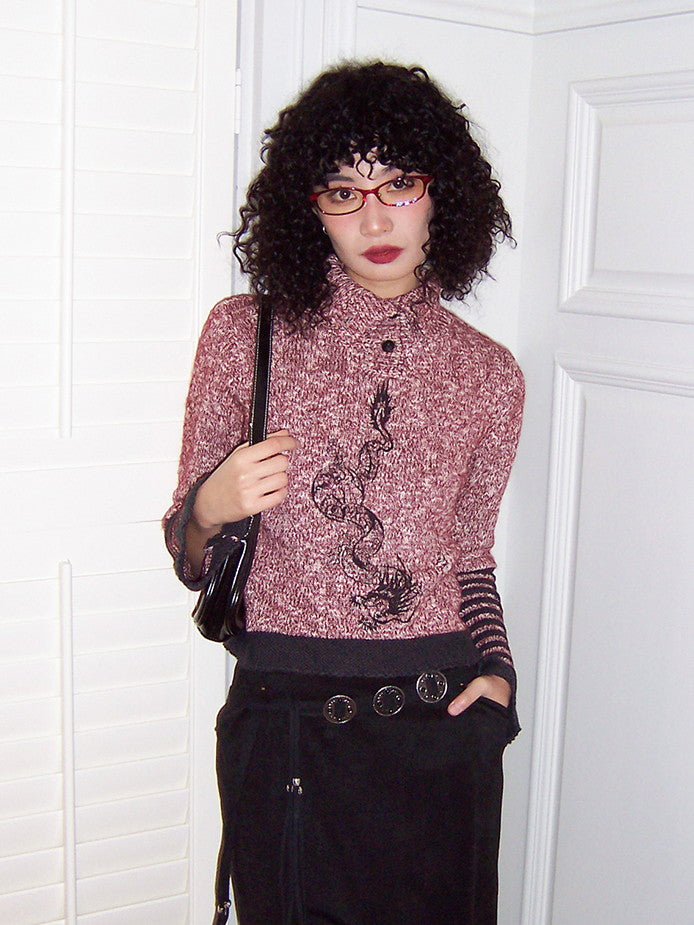 Embroidery High-Neck Border Retro Casual Knit