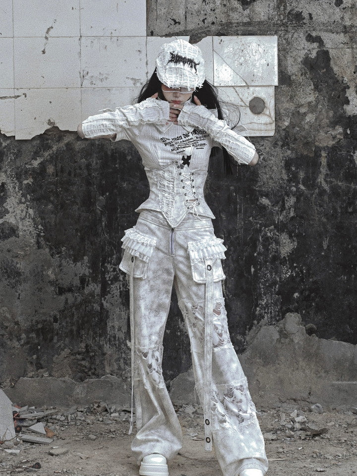 고딕 양식의 Damege 프릴 사이드 포켓 빈티지 레이스 업 레이스-바지