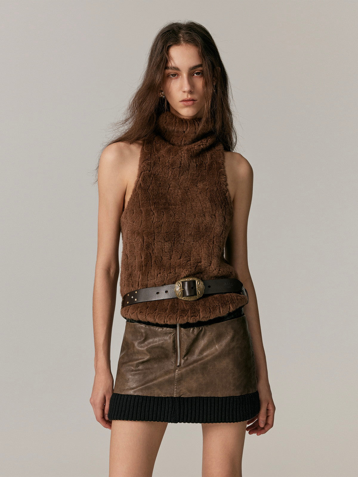 Mini-jupe vintage en cuir et en tricot