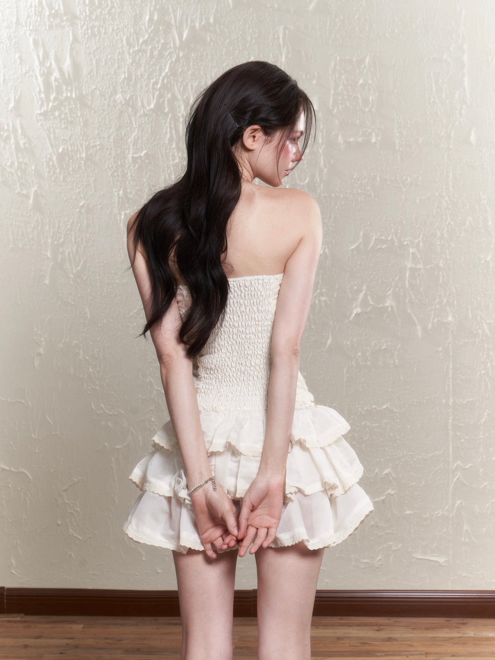 Puff-Sleeve Ciffon Tiered Halter-Neck Sweet One-Piece & Bracelet