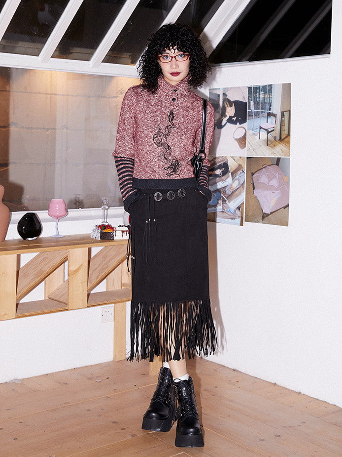 Embroidery High-Neck Border Retro Casual Knit