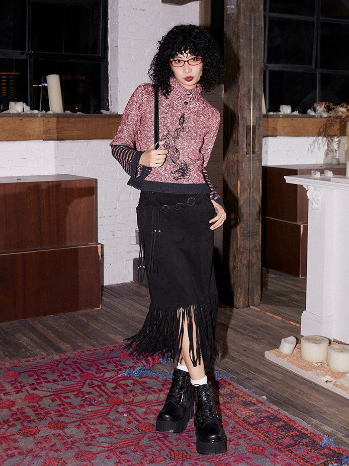 Embroidery High-Neck Border Retro Casual Knit