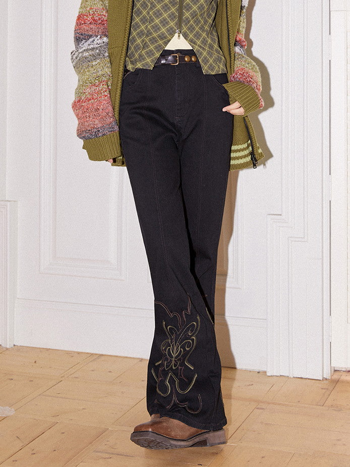 Stickerei Denim Casual Retro Flare-Hose