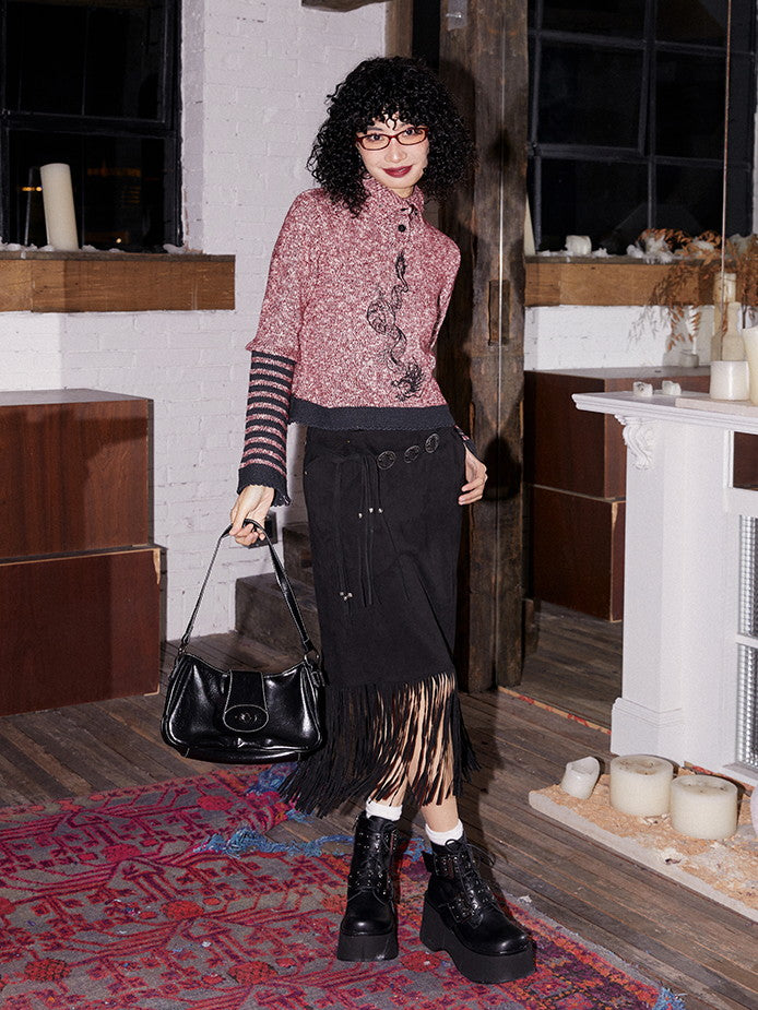 Embroidery High-Neck Border Retro Casual Knit