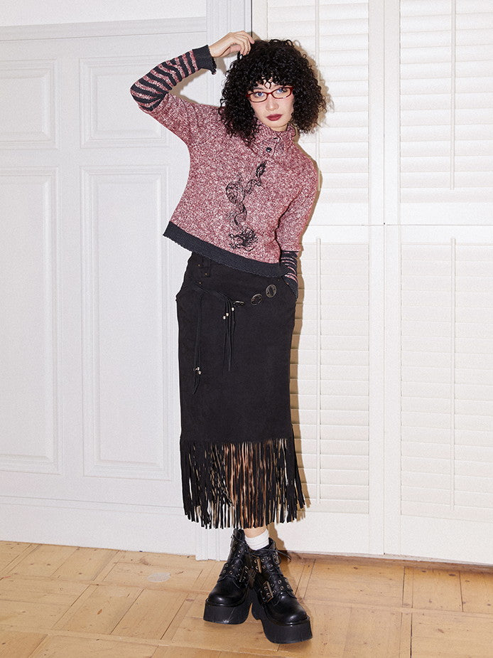 Embroidery High-Neck Border Retro Casual Knit
