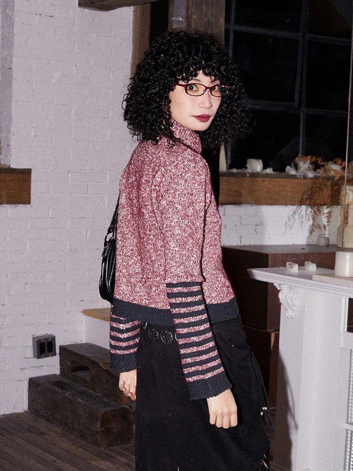 Embroidery High-Neck Border Retro Casual Knit