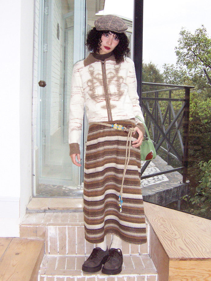 테두리 니트 스트레치 이완 레트로 캐주얼 긴 스커트