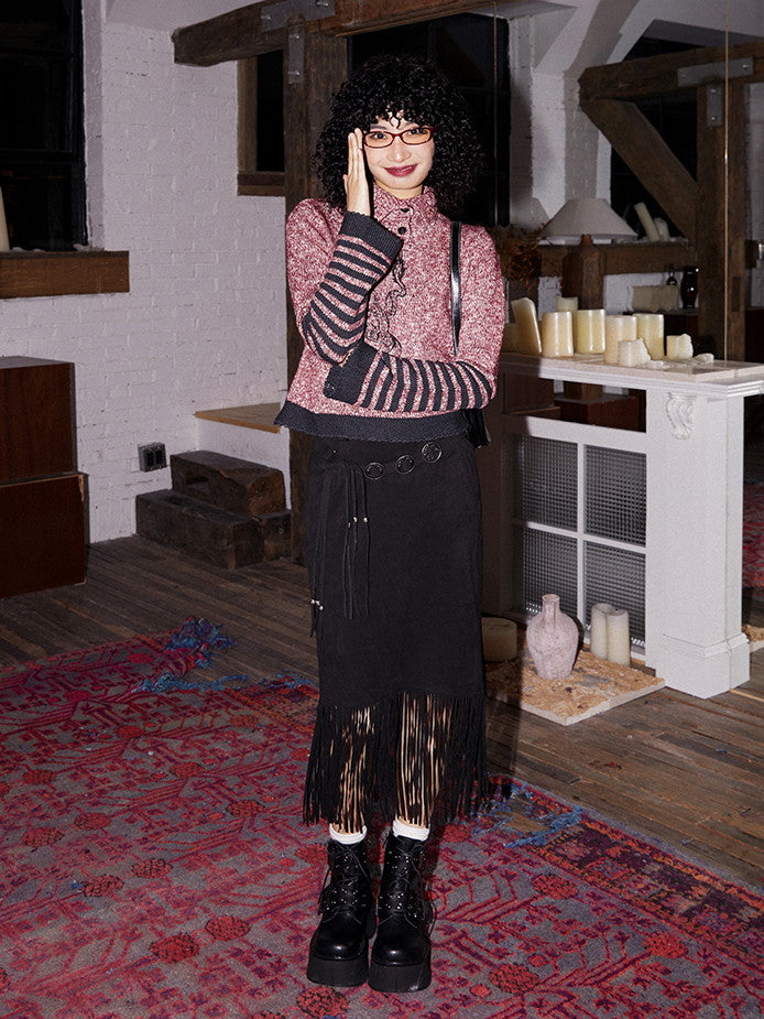 Embroidery High-Neck Border Retro Casual Knit